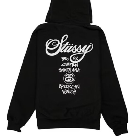 Stussy World Tour Pullover Hoodie Mens Size X-Large Black Sweatshirt *New* - Picture 1 of 2